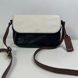 Fossil Women's Molly Flap Leather Crossbody Bag Black, White & Brown Pebbled